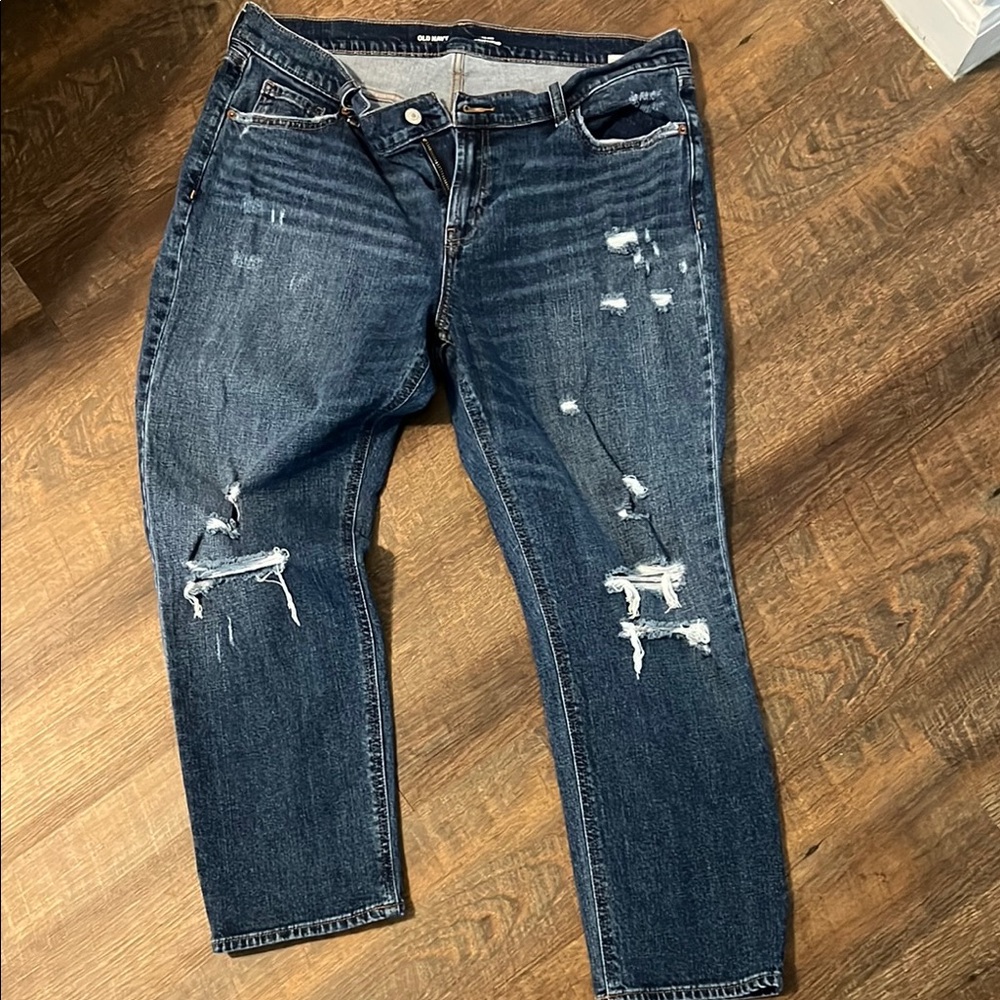 Old Navy Women's Distressed Boyfriend Jeans - Dark Blue Size 14
